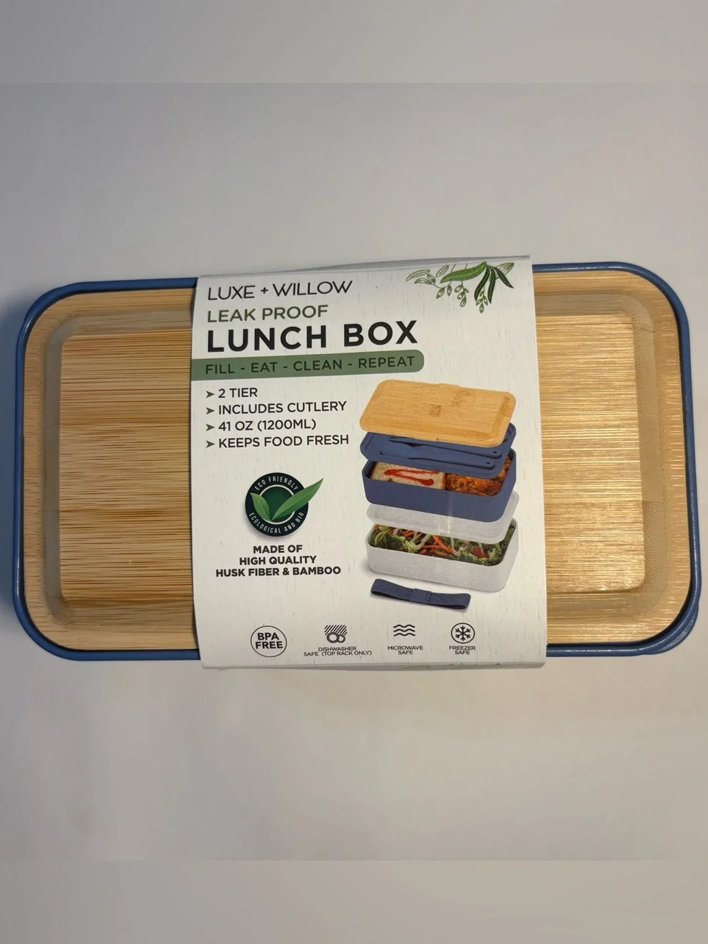NWT Lunch Box Bento 2 Tier Leak Proof Cutlery Blue White Nesting Bamboo Lid